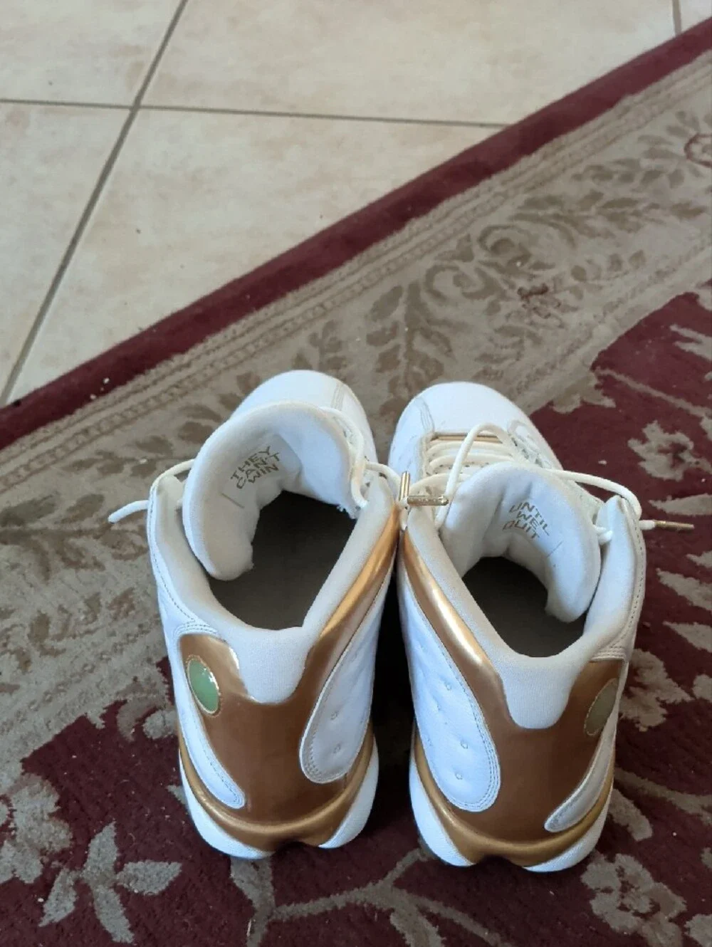 Jordan Men's White and Gold Basketball Sneakers with Red Jumpman